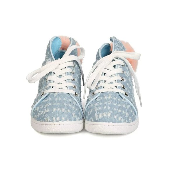NWT / NIB Qupid blue denim-like bunny ear lace up faux fur pom pom sneakers - Picture 6 of 14